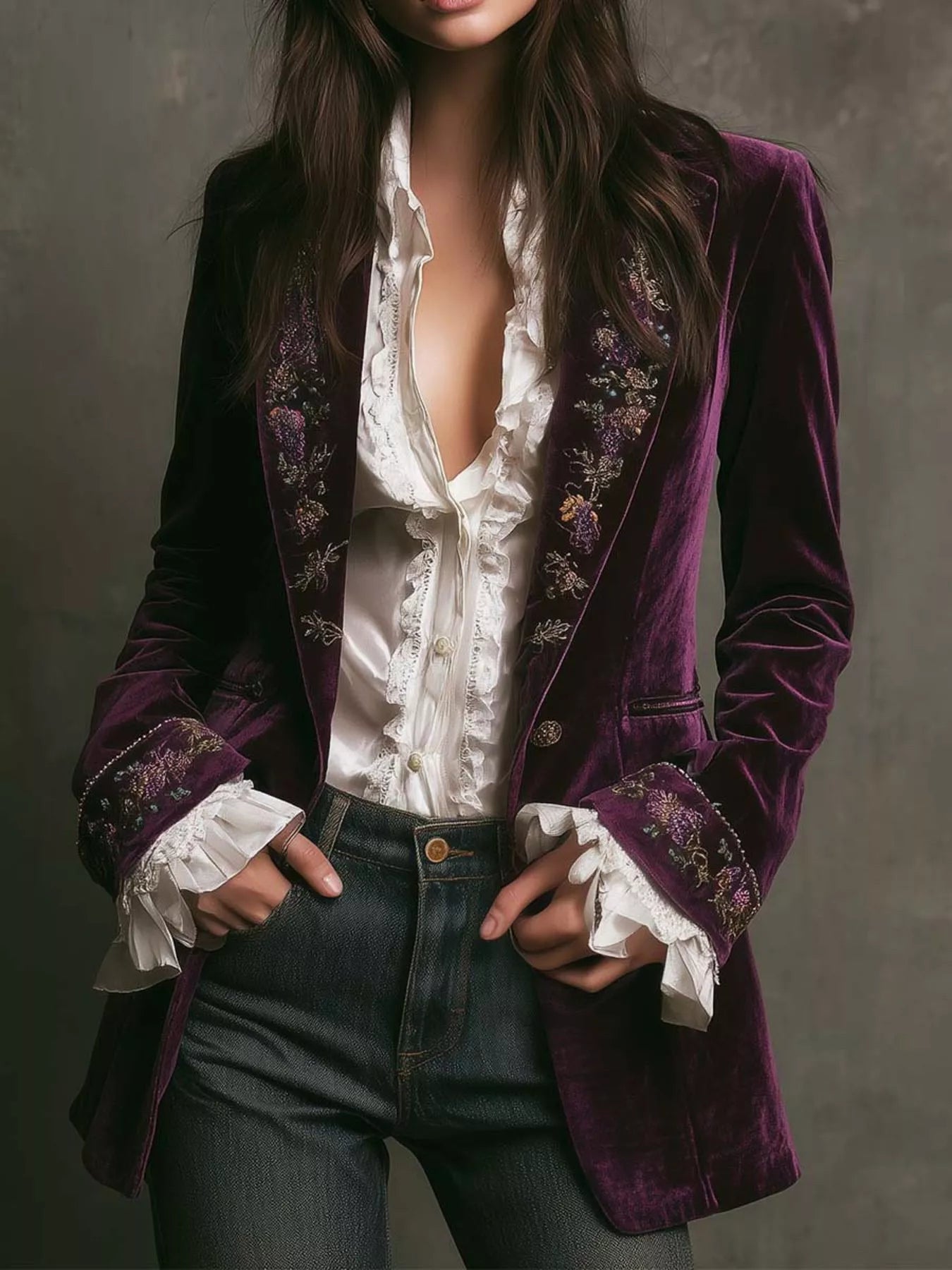 Embroidered Velvet Long Sleeve Outerwear