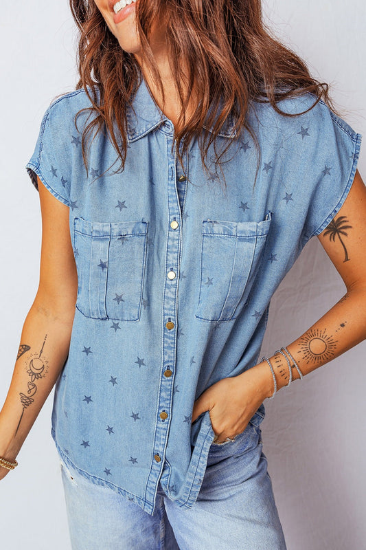 Double Chest Pocket Short Sleeve Denim Shirt