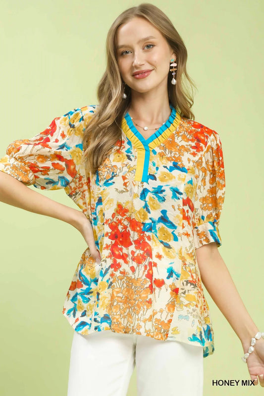 Umgee Floral Contrast Pleat Neck Top
