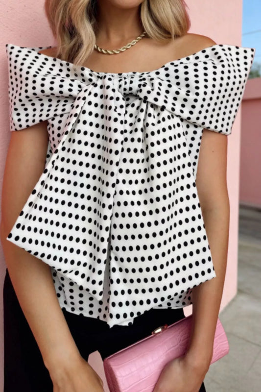 Polka Dot Off Shoulder Bow Knot Short Sleeve Blouse