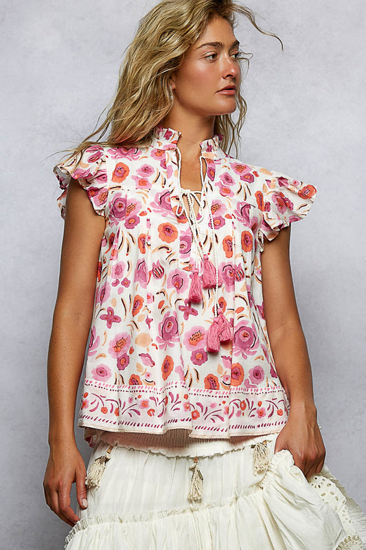 POL Tassel Tied Floral Flutter Sleeve Blouse