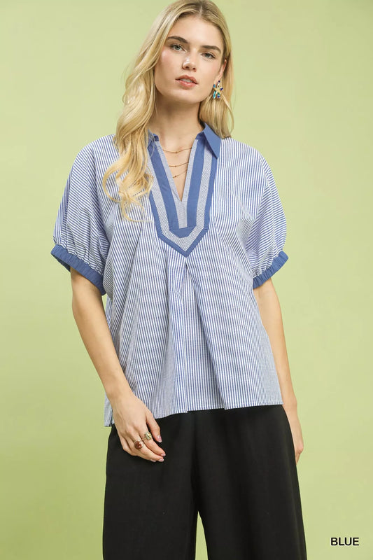 Umgee Contrast Trim Popover Stripe Top