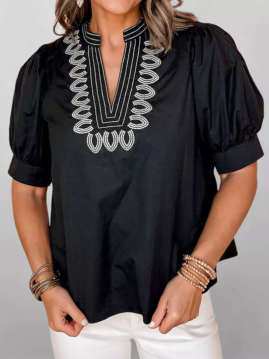 Notched Puff Sleeve Blouse