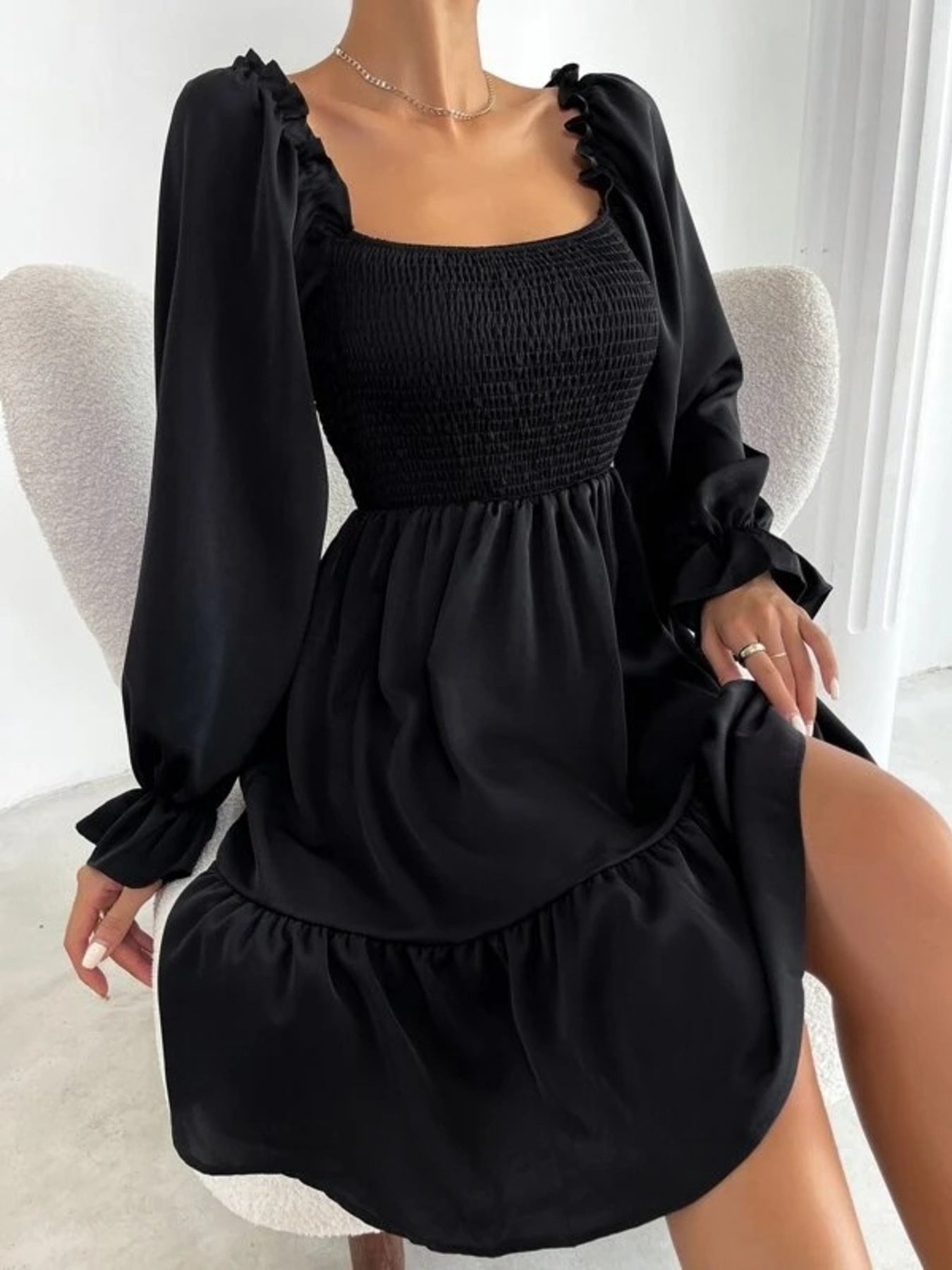 Smocked Flounce Sleeve Mini Dress
