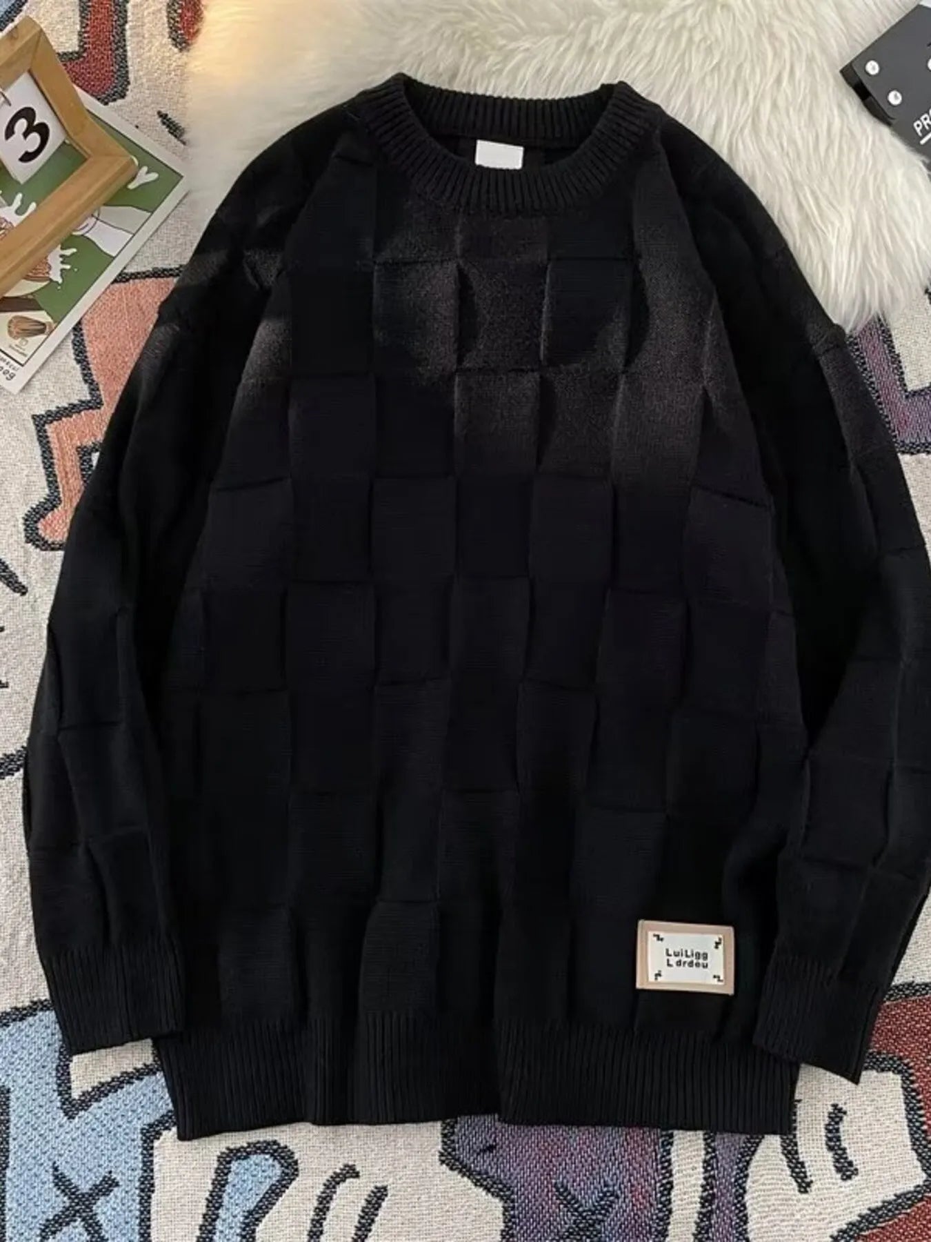 Textured Grid Pattern L;ong Sleeve Sweater