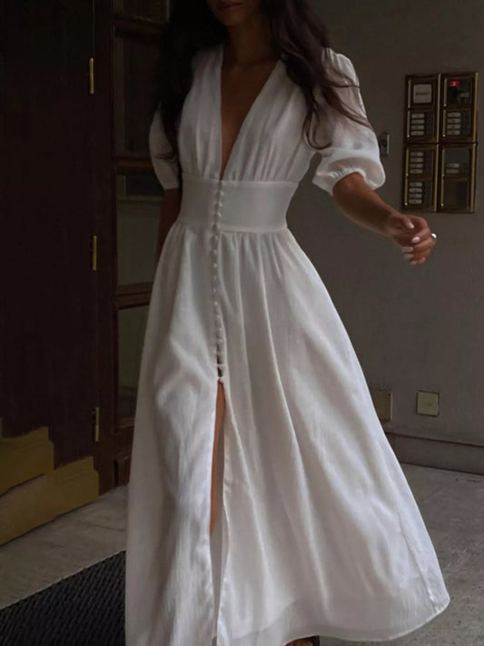 Slit Puff Sleeve Maxi Dress