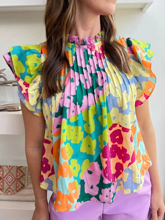 Printed Ruffled Cap Sleeve Blouse