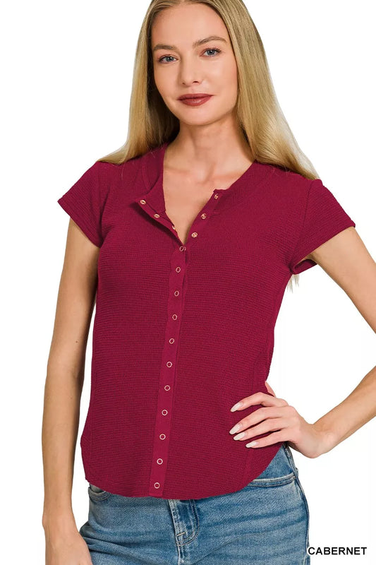 Zenana Double Knit Snap Button Short Sleeve Shirt