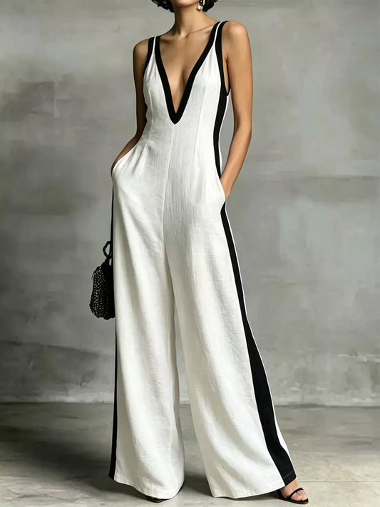 Deep V-Neck Wide-Leg Jumpsuit with Contrast Trim