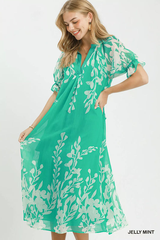 Umgee Floral Print Tie Waist Midi Dress with Side Pockets