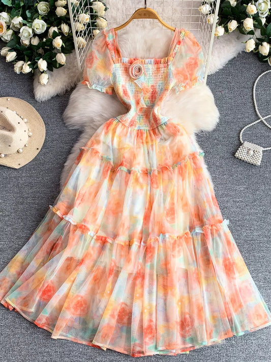 Smocked Floral Tiered Mesh Midi Dress