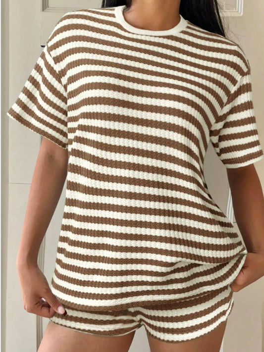 Striped Round Neck Top and Shorts Set