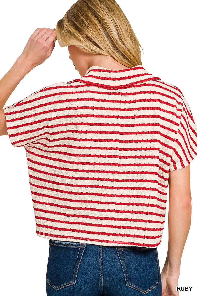 Zenana Striped Split Neck Collared Top