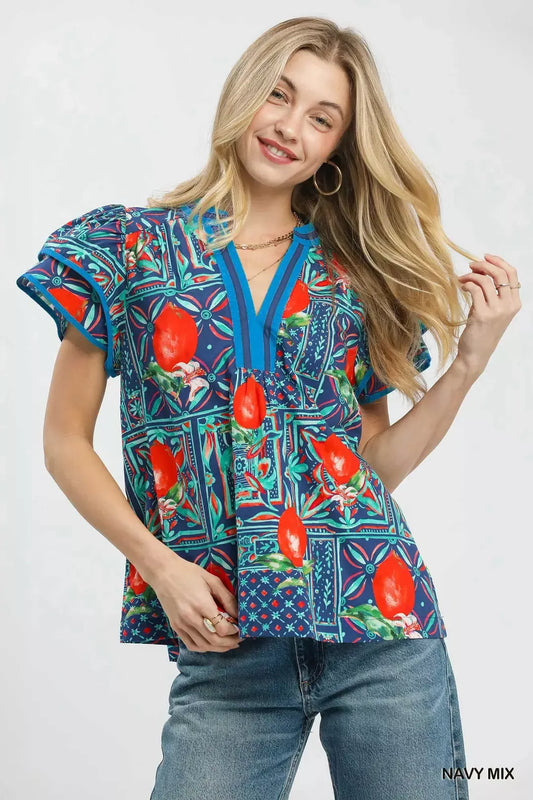 Umgee Abstract Print Flutter Sleeve Blouse