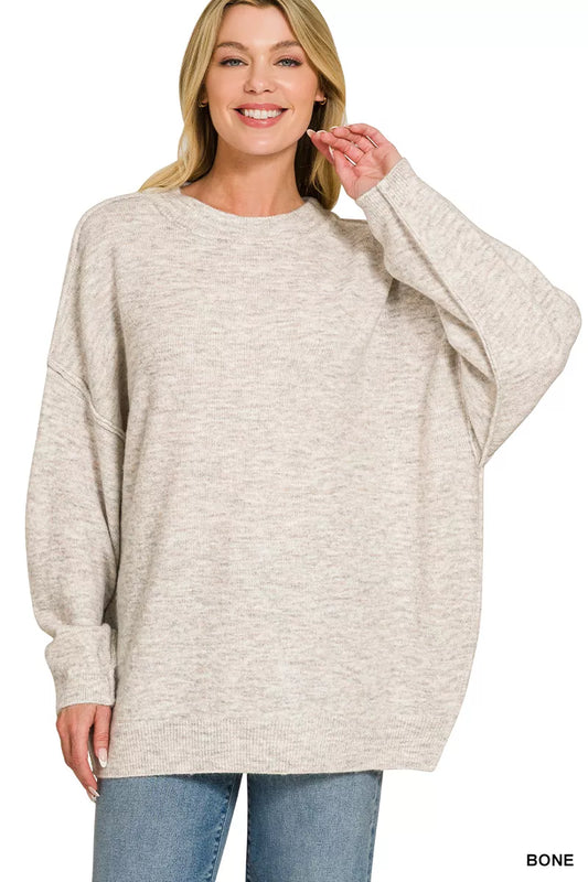 Zenana Oversized Round Neck Exposed Seam Melange Sweater