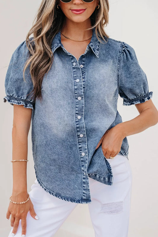 Frilled Short Sleeve Snap Button Denim Shirt