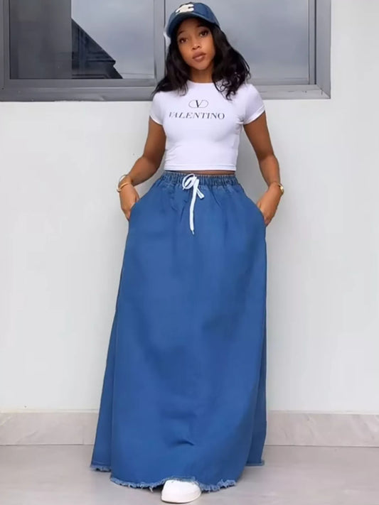 Full Size Raw Hem Denim Maxi Skirt Plus Size