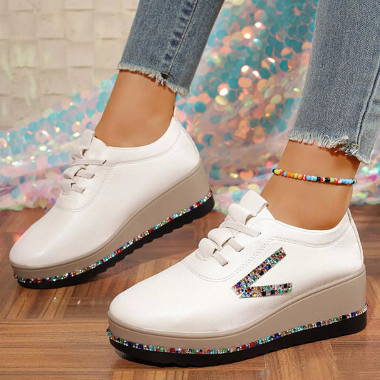 Rhinestone Round Toe Wedge Sneakers