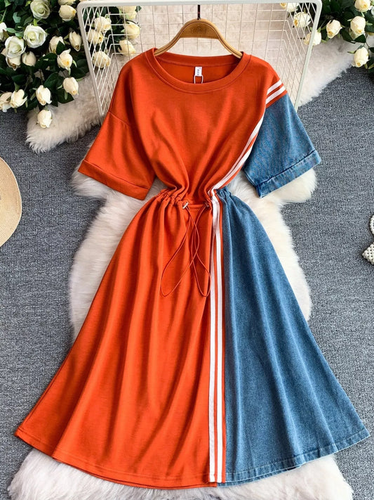 Color Block Short Sleeve Casual Dress