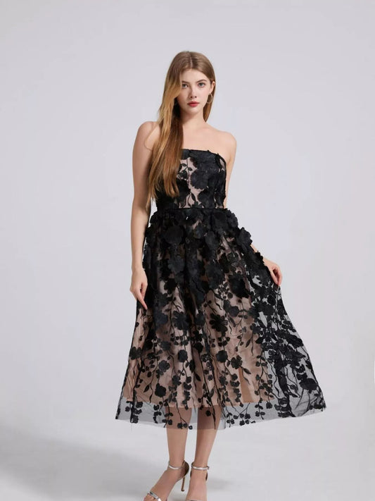 Floral Applique Strapless Midi Dress