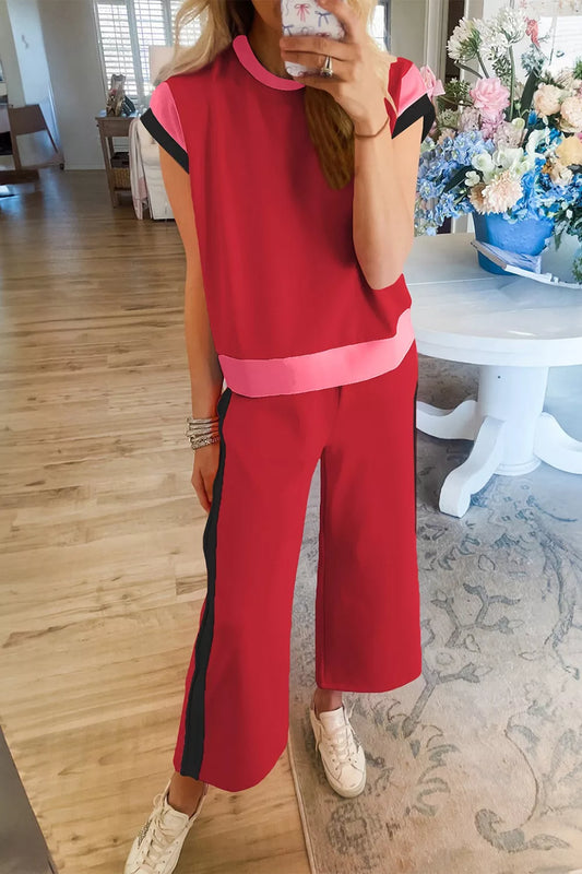Color Block Detail Tee and Pants Two-piece Set