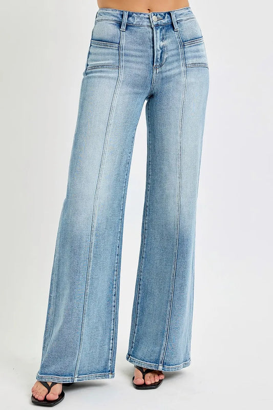 RISEN Full Size Mid Rise Wide Jeans with Front Patch Pocket Plus Size