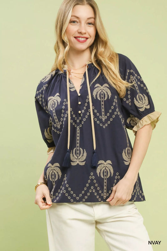 Umgee Embroidered Palm Print Tassel Tie Blouse
