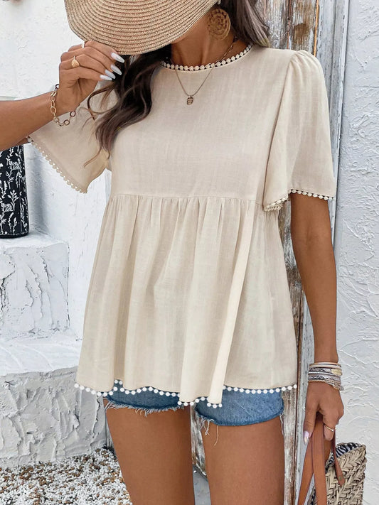 Pom-Pom Trimmed Short Sleeve Blouse