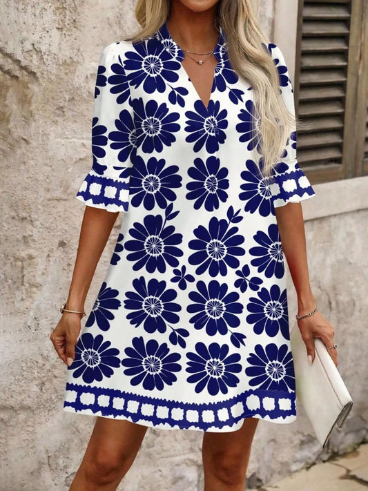 Floral Print Notched Ruffle Sleeve Mini Dress