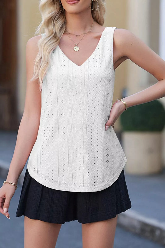 Eyelet Knit Patterned Loose V Neck Tank Top