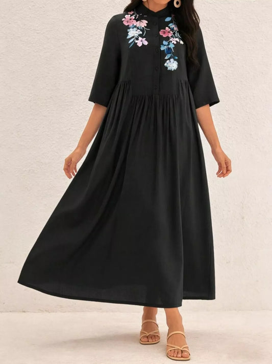 Floral Embroidered Casual Midi Dress