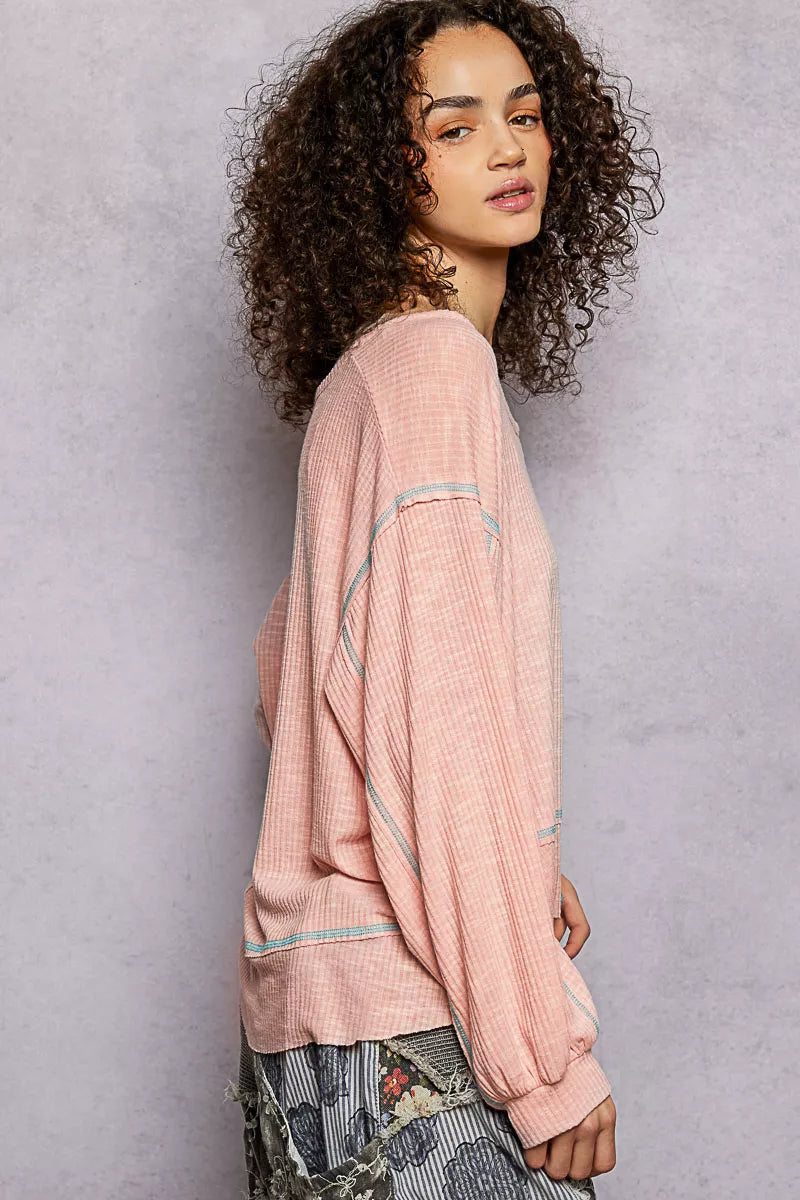 POL Round Neck Long Sleeve Exposed Seam Top with Chest Pocket