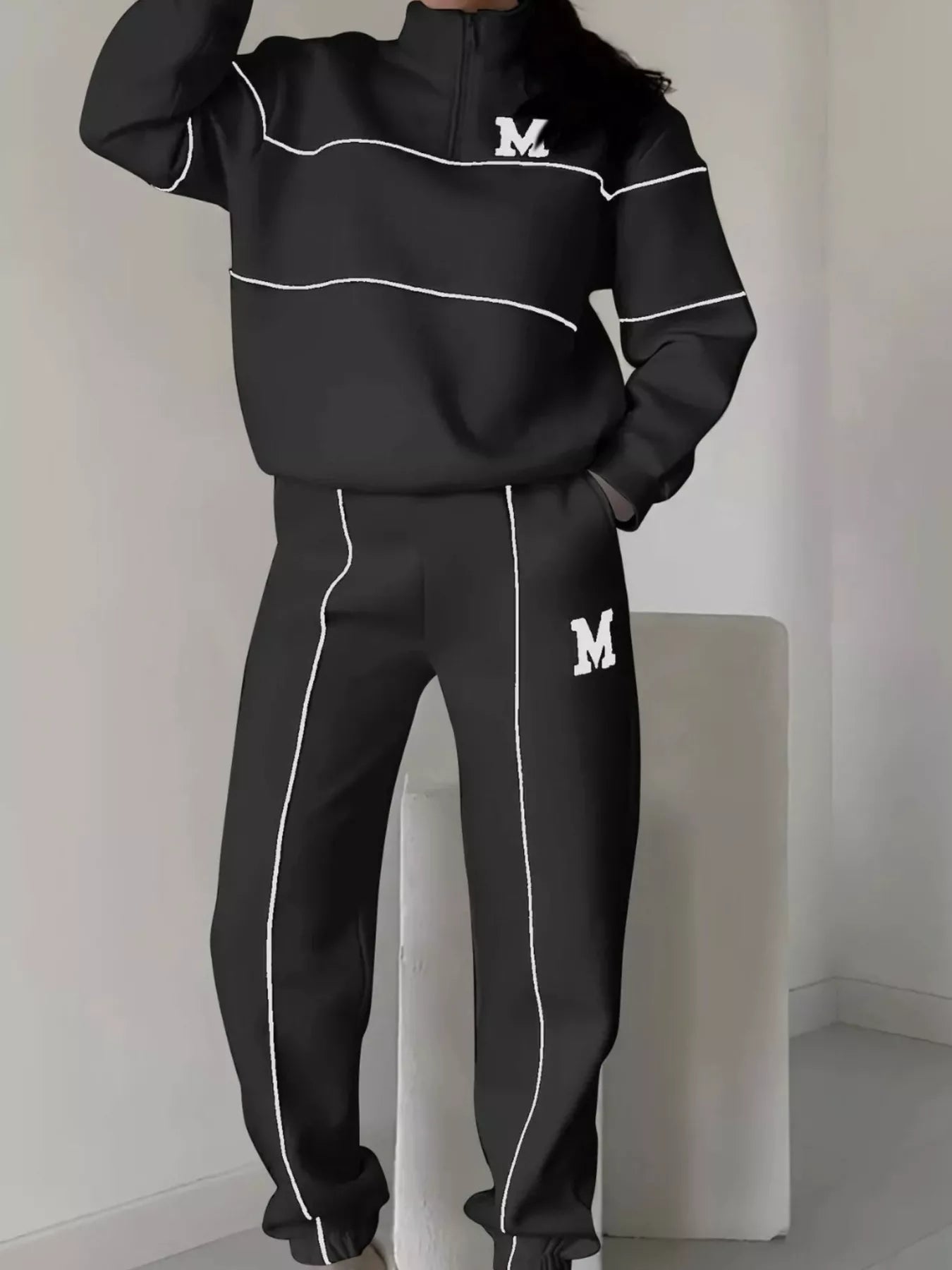 Full Size Striped Quarter Zip Top and Pants Set Plus Size
