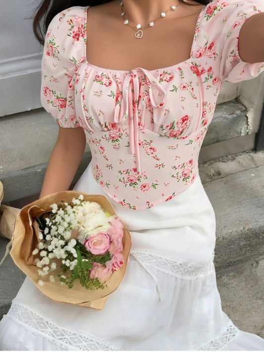 Floral Print Tie Front Puff Sleeve Blouse