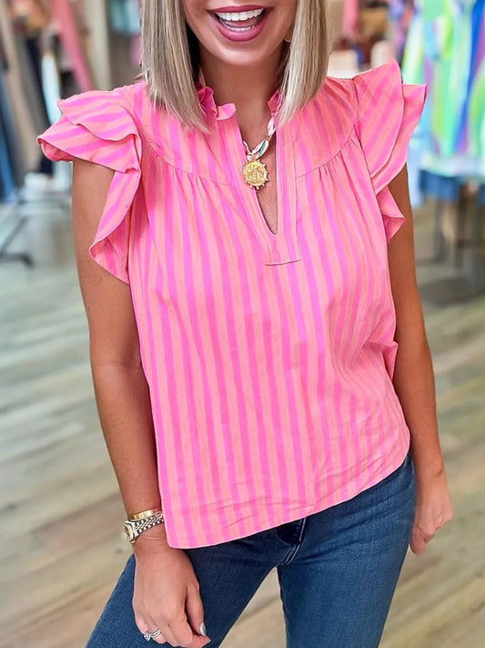 Stripe Split Neck Ruffled Summer Blouse