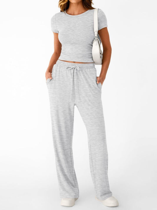 Round Neck Short Sleeve Tee and Pants Set