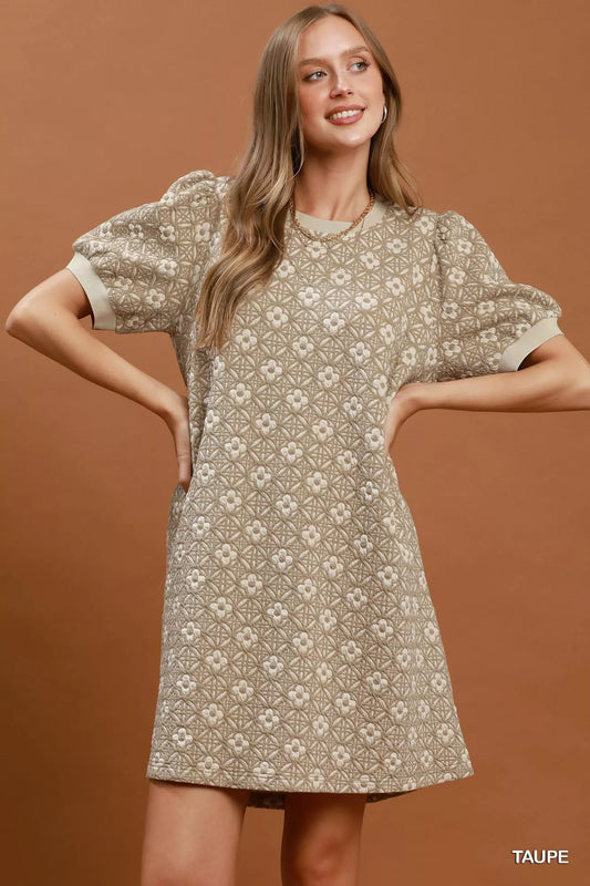 Umgee Floral Textured Puff Sleeve Mini Dress