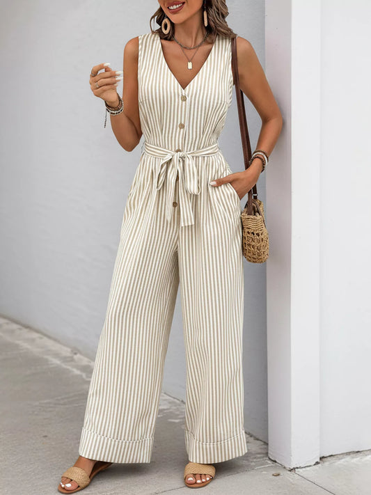 Striped Button-Front Wide Leg Jumpsuit