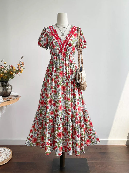 Floral Print V-Neck Ruffle Hem Midi Dress