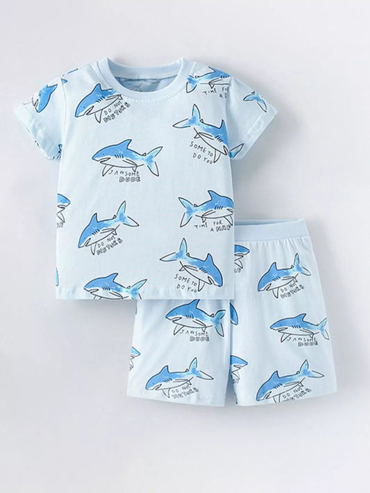 Children's Shark Print Short Sleeve Top and Shorts Set