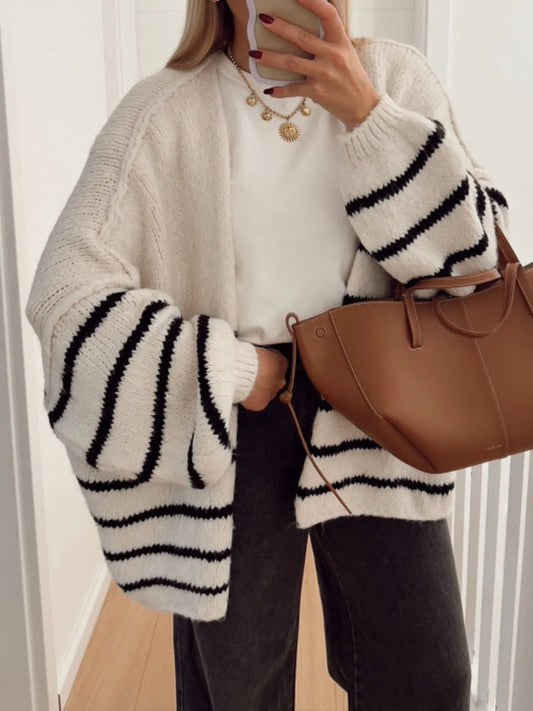 Striped Open Front Dropped Shoulder Cardigan