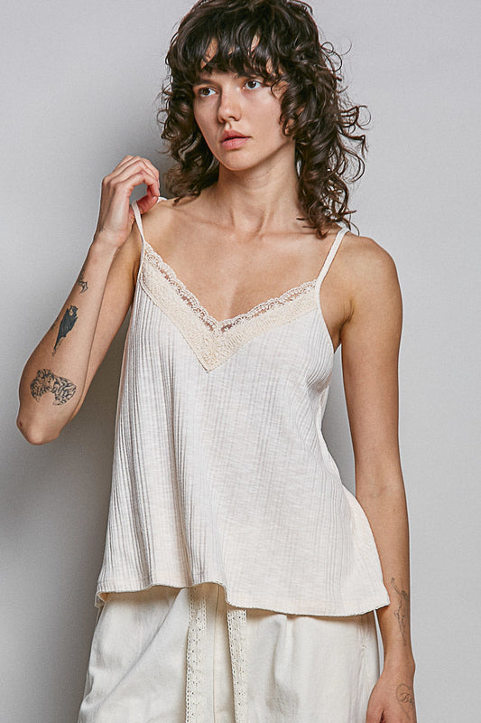 POL Lace Detail V-Neck Textured Knit Cami