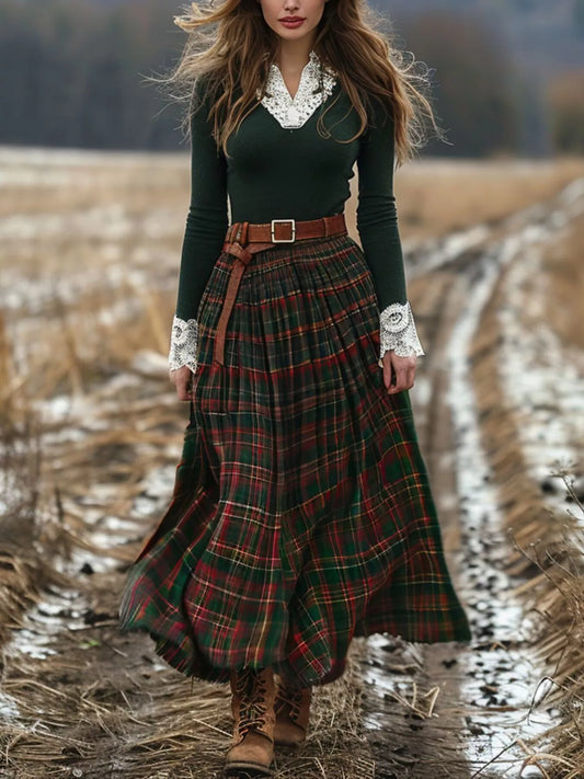 Plaid Maxi Dress with Lace Trim