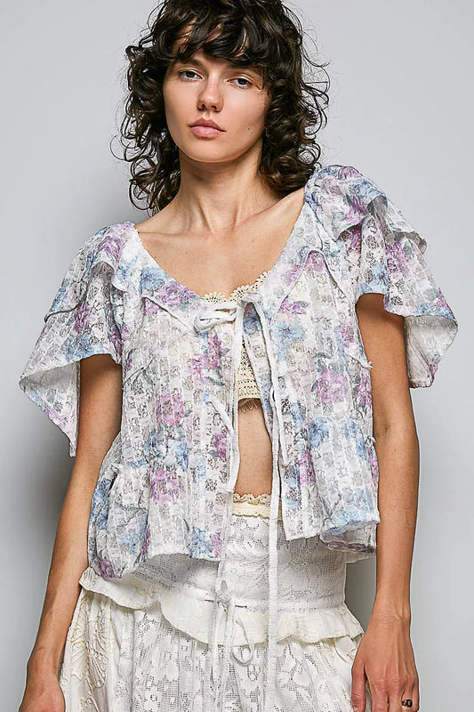 POL Lace Detail Floral Tie Front Ruffle Short Sleeve Blouse