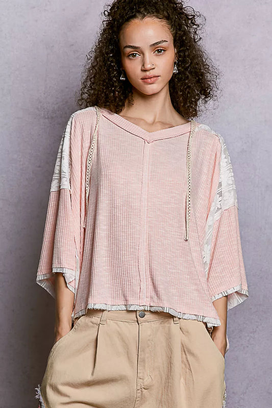 POL Short Sleeve Hoodie Top with Lace Detail