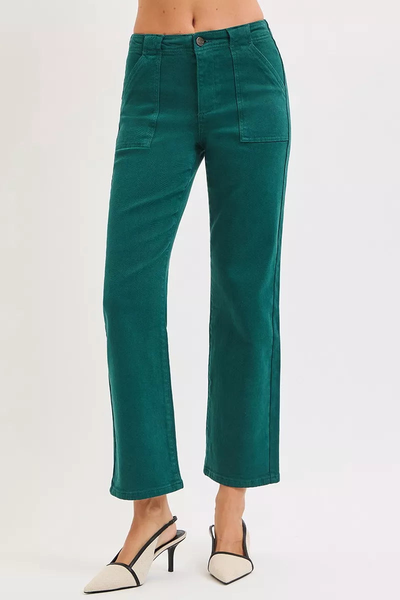 RISEN High Rise Ankle Flare Patch Pocket Jeans