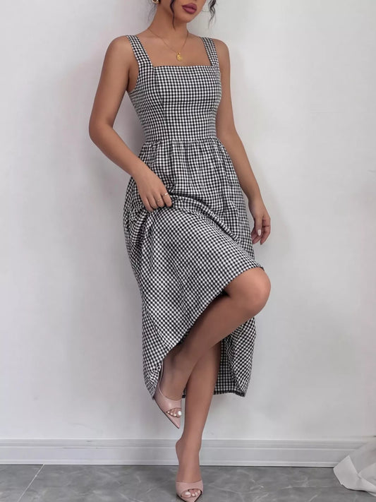 Square Neck Gingham Midi Dress