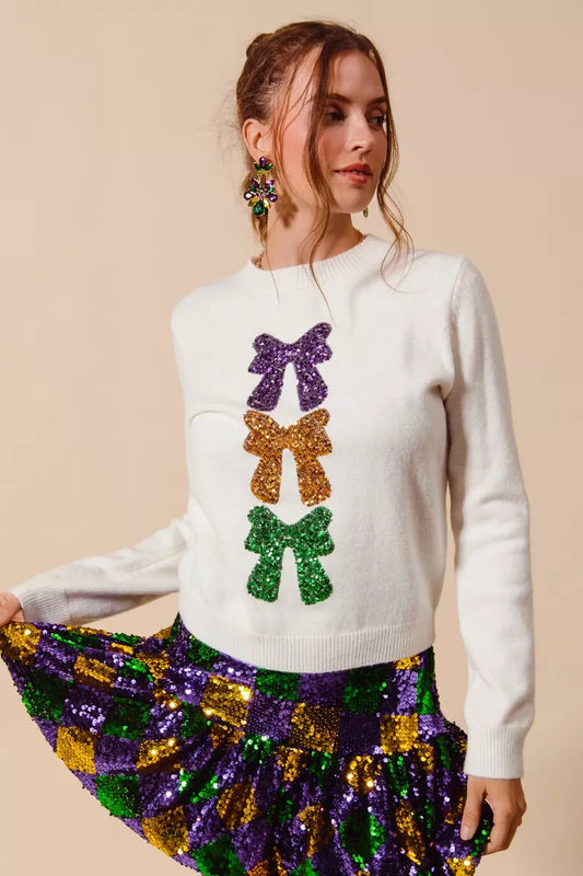 SO ME Mardi Gras Sequins Bow Ribbon Embellished Sweater