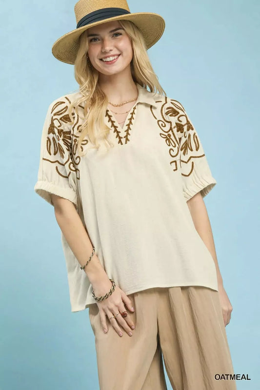 Umgee Floral Embroidered Sleeve Blouse