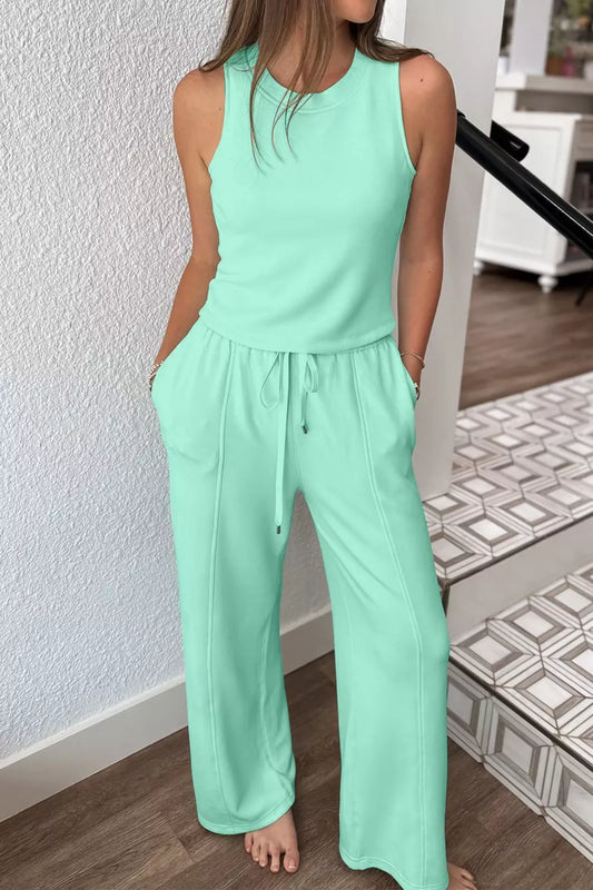 Drawstring Elastic Waistband Solid Color Two Piece Casual Set